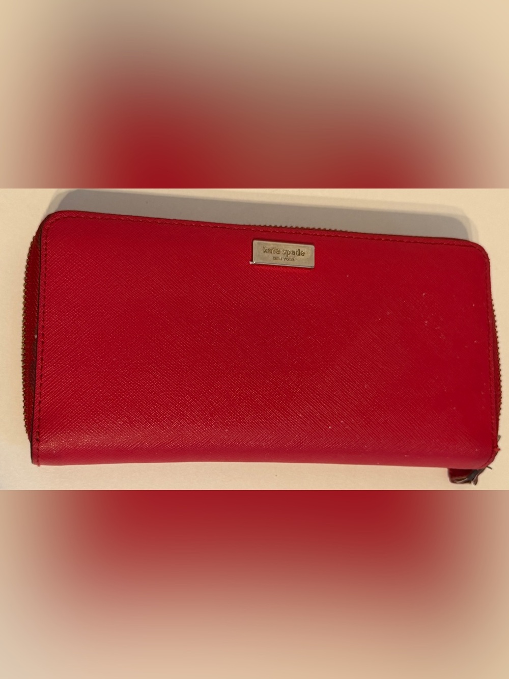 Kate Spade Red Saffiano Zip Around Wallet Cherry Red Gold Logo
